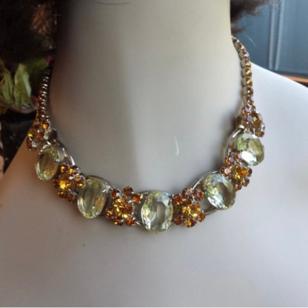 Vintage citrine/yellow topaz colored glass cut stone necklace/earrings/ring